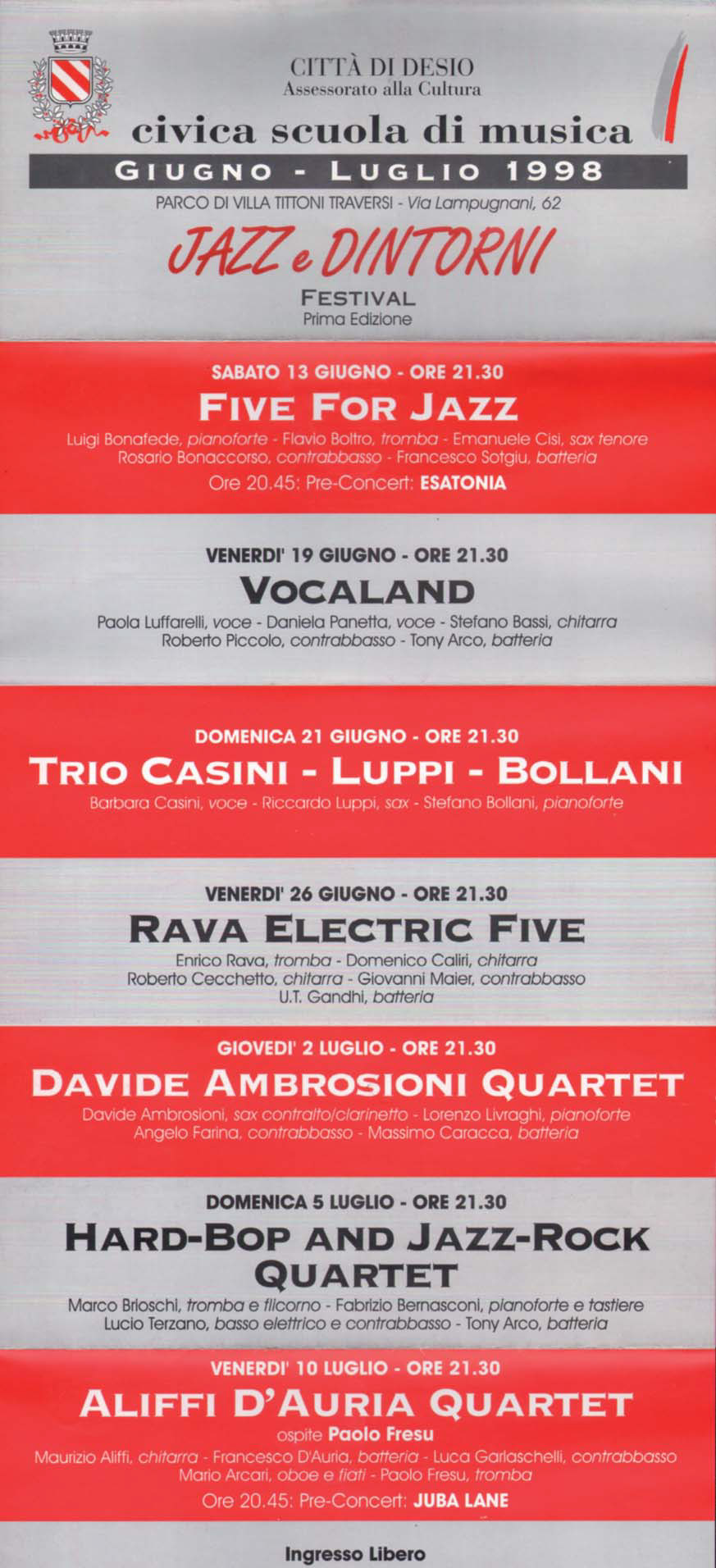 Jazz e Dintorni 1998. Programma di sala