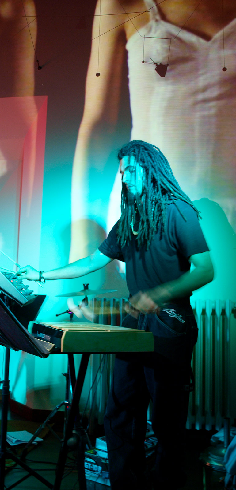 Invisibili Ali. Giulio Tosatti durante la performance di Areasismica. Palazzo Rezzonico, 11 ottobre 2015.